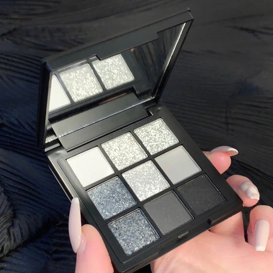 9-Color Glitter Eyeshadow Palette - Punk Smokey Cool Tones with Dark Gray, Black & Nude Shades