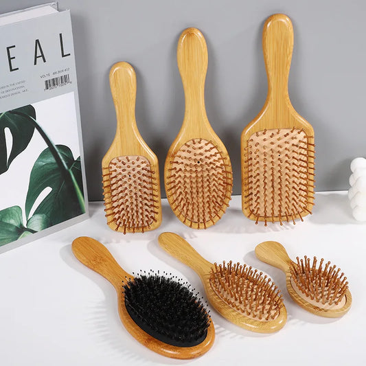Bamboo Hair Brush with Air Cushion - Anti-Static Scalp Massage Comb to Reduce Hair Loss