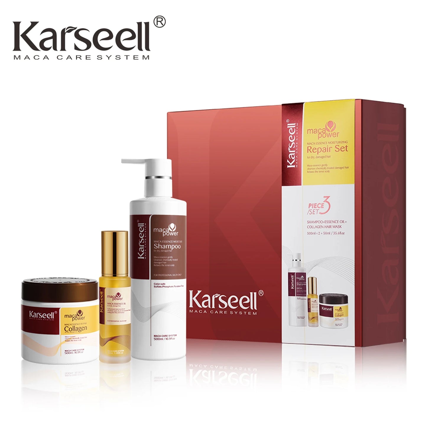 Karseell 3pcs Set Collagen Hair Mask + Argan Oi + Hair Shampoo Essence Moisturizing Repair Set for Dry Damaged Hair Gift