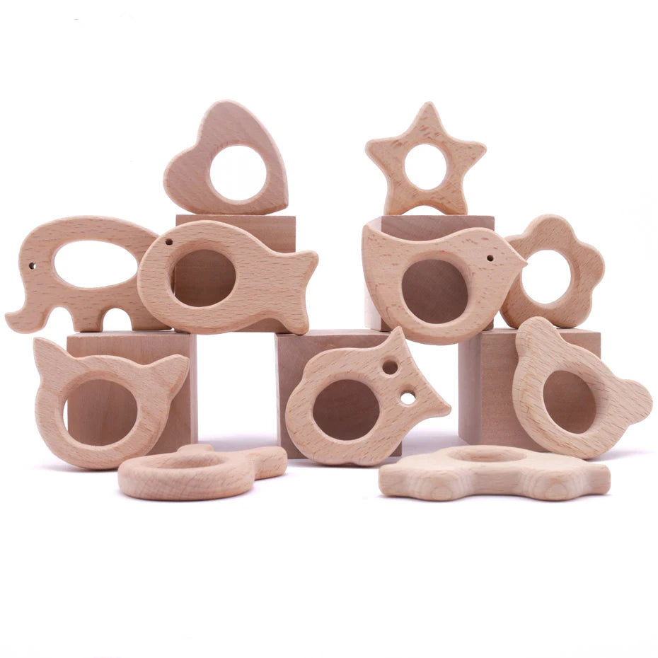 Beech Wood Animal Teether Set - 10 Piece Natural Baby Teething Toy for DIY Pacifier Chains