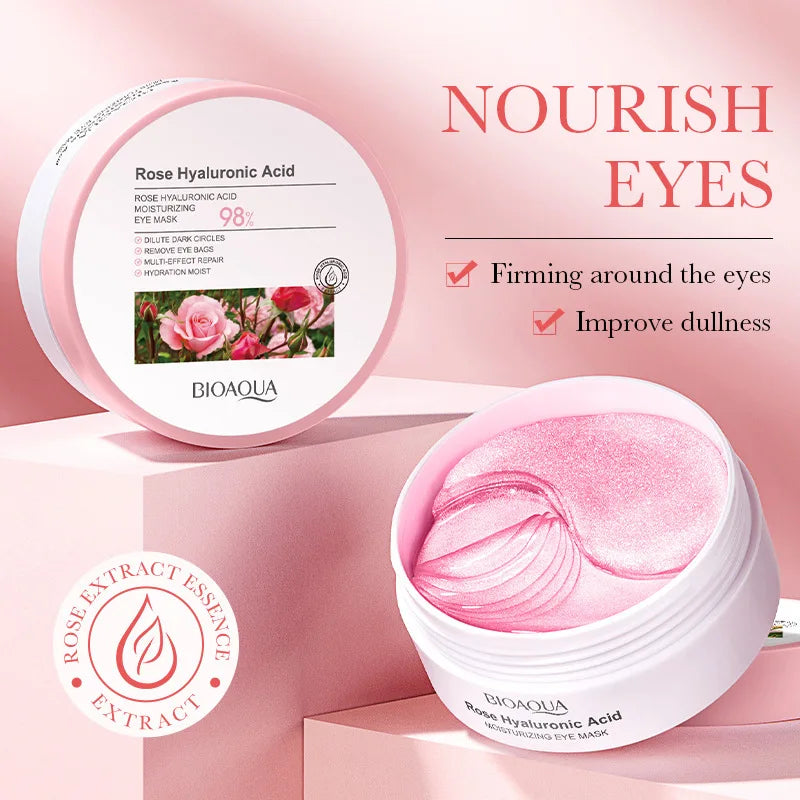 60pcs BIOAQUA Rose Hyaluronic Acid Eye Mask - Anti Dark Circles Eye Bags Moisturizing Firming
