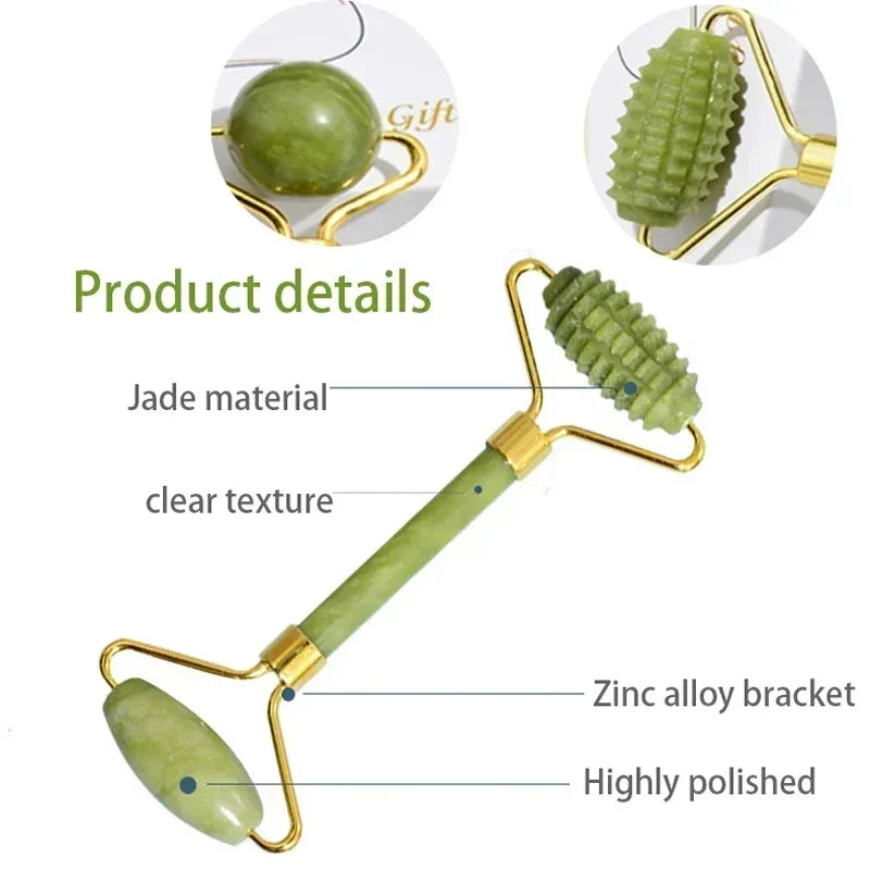Natural Jade Roller and Gua Sha Set - Face and Body Massage Tool for Lifting and Eye Care