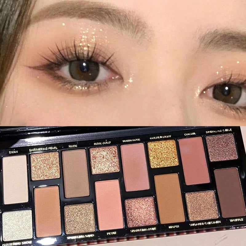 16-Color Matte & Glitter Eyeshadow Palette - Waterproof Long-Lasting Nude & Brown Shades