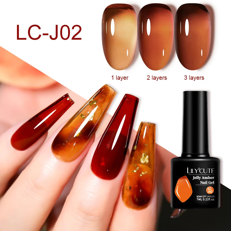 LILYCUTE 7ML Jelly Amber Gel Nail Polish - Semi Permanent UV Gel with Leopard Pattern Effect