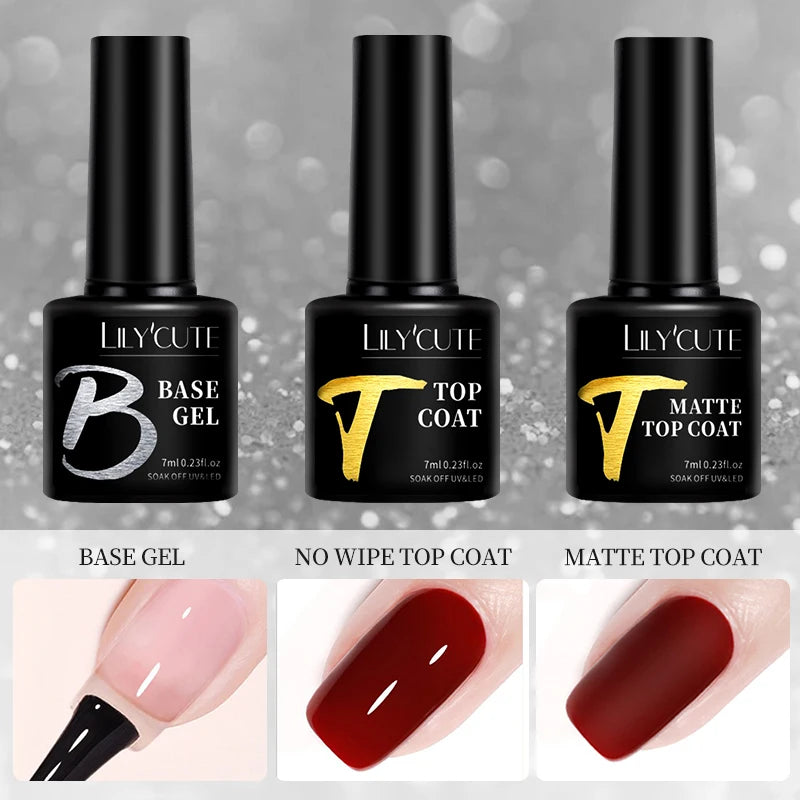 LILYCUTE 7ML Base and No-Wipe Top Coat - UV Gel Nail Polish Set