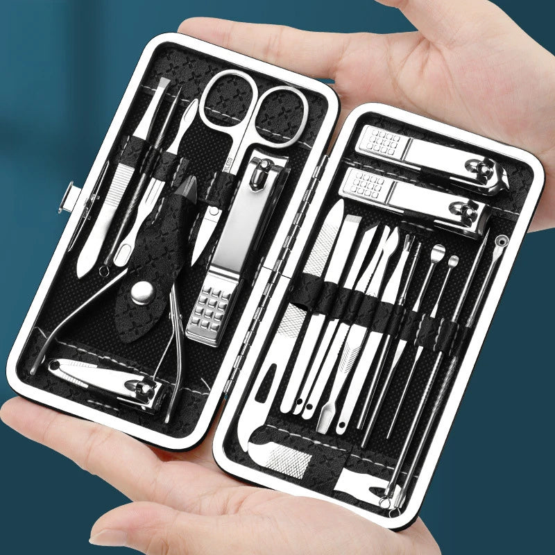 Home Nail Clipper Set - 19 Piece Large Size Dead Skin Pliers Eyebrow Clipper with Leather Sleeve