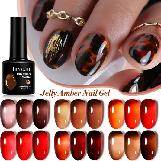 LILYCUTE 7ML Jelly Amber Gel Nail Polish - Semi Permanent UV Gel with Leopard Pattern Effect