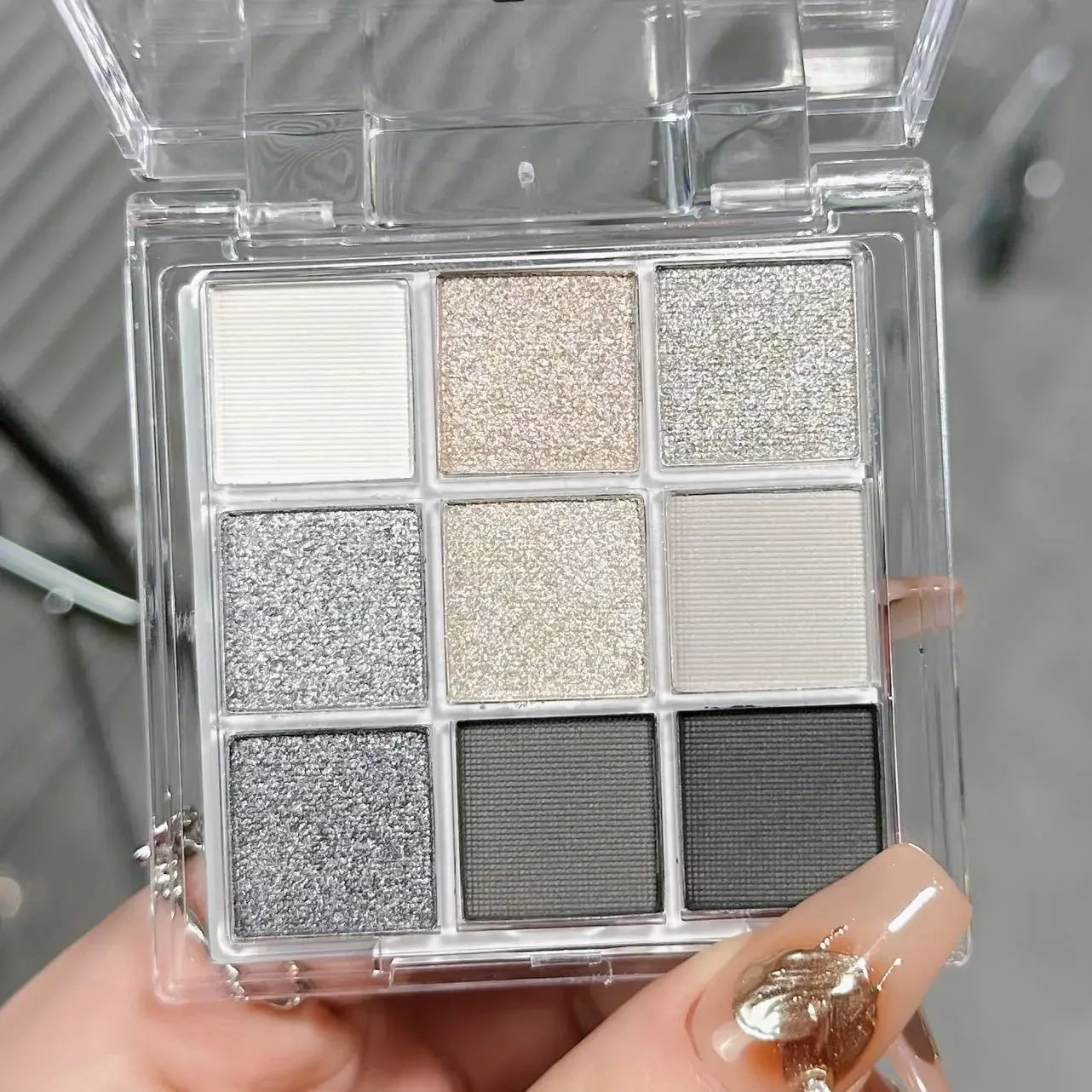 9-Color Glitter Eyeshadow Palette - Punk Smokey Cool Tones with Dark Gray, Black & Nude Shades
