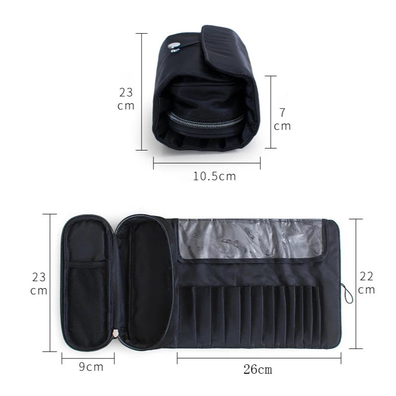Waterproof Makeup Brush Rolling Bag - Foldable Travel Organizer for Cosmetic Tools