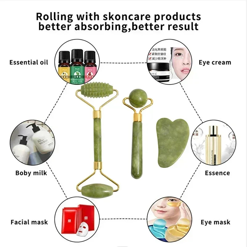Natural Jade Roller and Gua Sha Set - Face and Body Massage Tool for Lifting and Eye Care