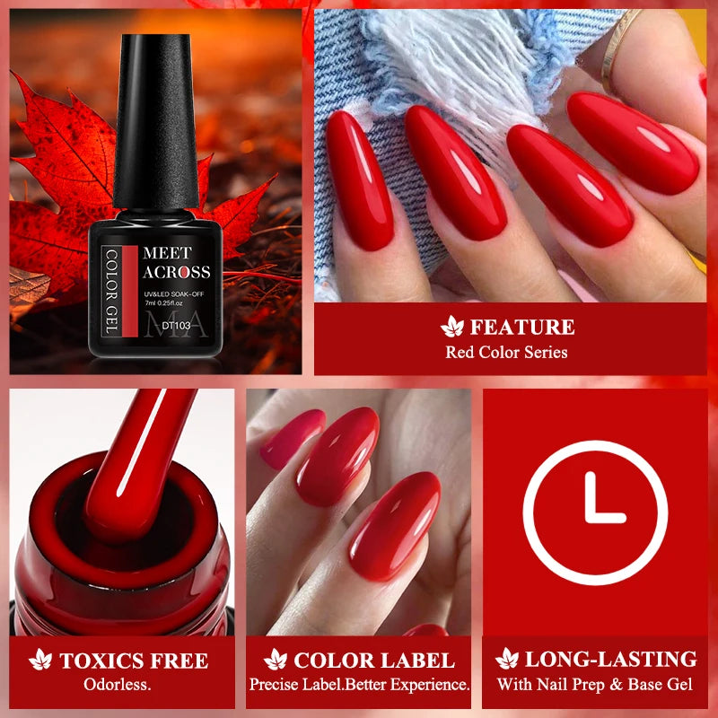 MEET ACROSS 7ml Wine Red Gel Nail Polish - Long-Lasting French Style Gel Varnish