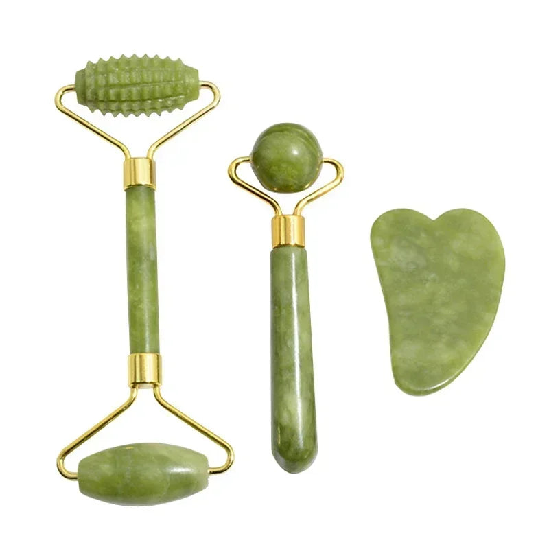 Natural Jade Roller and Gua Sha Set - Face and Body Massage Tool for Lifting and Eye Care