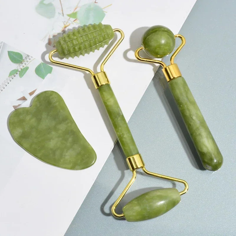 Natural Jade Roller and Gua Sha Set - Face and Body Massage Tool for Lifting and Eye Care
