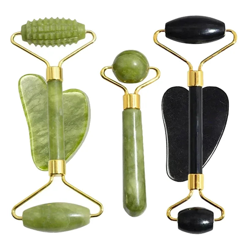 Natural Jade Roller and Gua Sha Set - Face and Body Massage Tool for Lifting and Eye Care