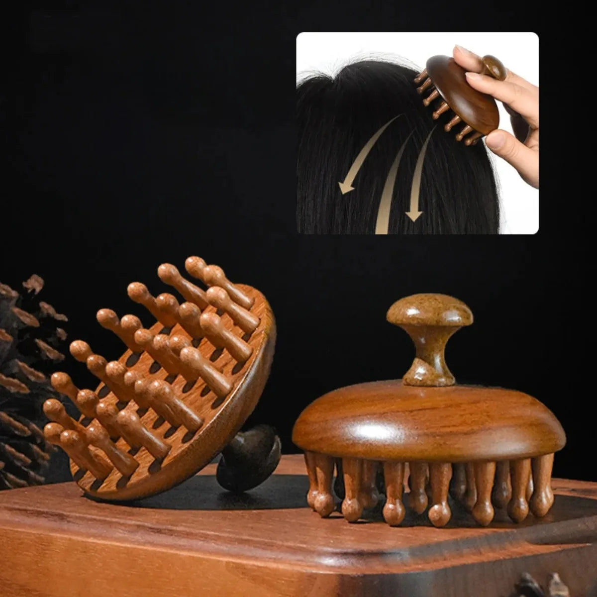 Sandalwood Massage Comb with Finger Ring - Anti-Static Scalp Massager and Guasha Tool