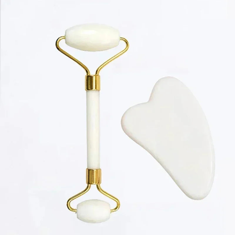 Natural Jade Roller and Gua Sha Set - Face and Body Massage Tool for Lifting and Eye Care