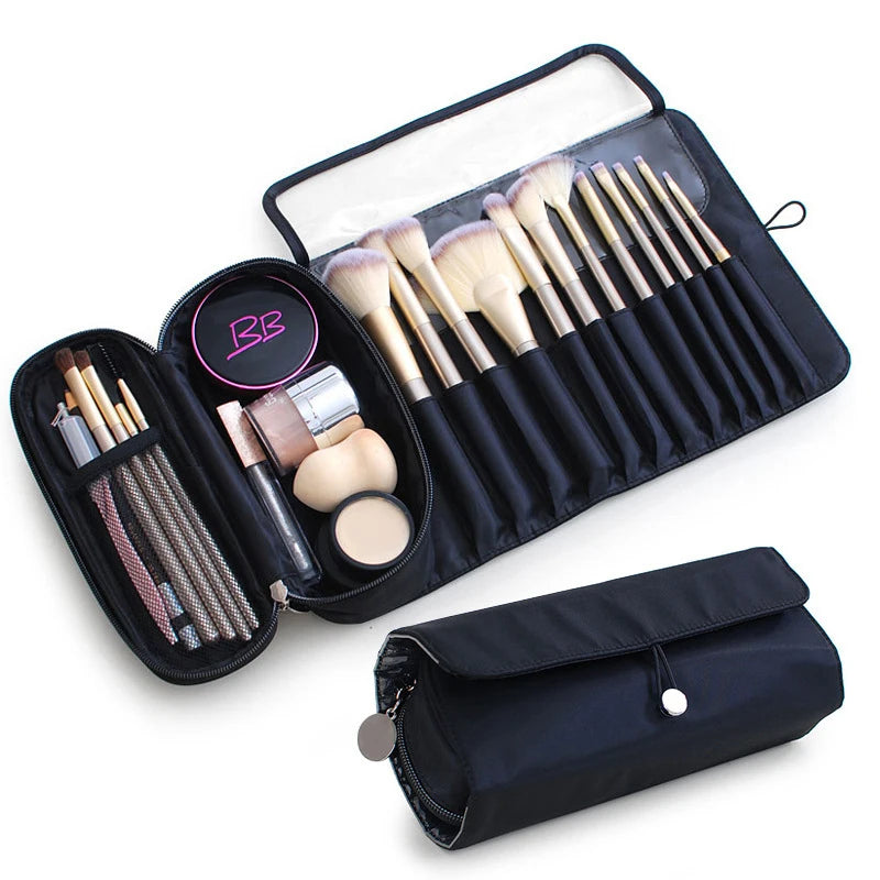 Waterproof Makeup Brush Rolling Bag - Foldable Travel Organizer for Cosmetic Tools