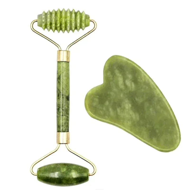 Natural Jade Roller and Gua Sha Set - Face and Body Massage Tool for Lifting and Eye Care