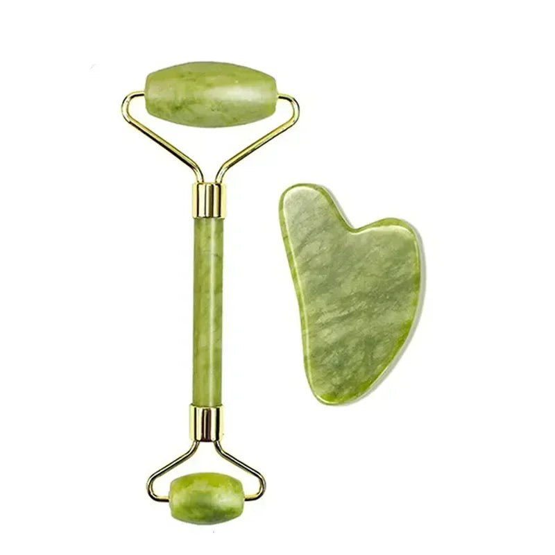 Natural Jade Roller and Gua Sha Set - Face and Body Massage Tool for Lifting and Eye Care