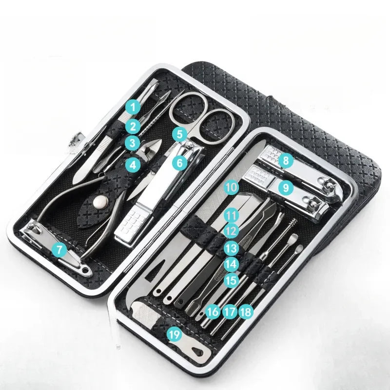 Home Nail Clipper Set - 19 Piece Large Size Dead Skin Pliers Eyebrow Clipper with Leather Sleeve