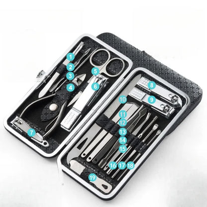Home Nail Clipper Set - 19 Piece Large Size Dead Skin Pliers Eyebrow Clipper with Leather Sleeve