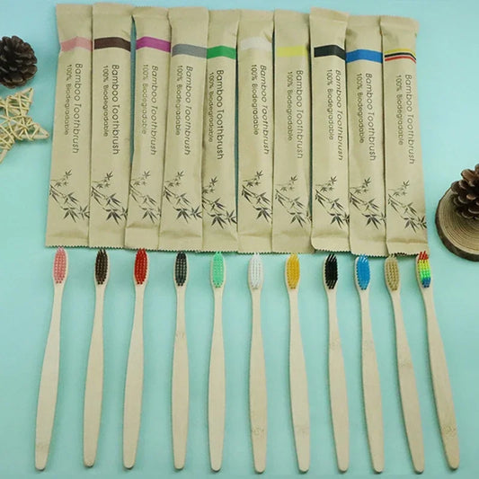 Natural Bamboo Toothbrush Set - 10 Piece Soft Charcoal Bristle for Teeth Whitening