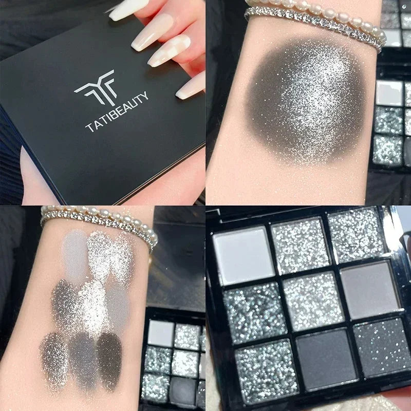 9-Color Glitter Eyeshadow Palette - Punk Smokey Cool Tones with Dark Gray, Black & Nude Shades