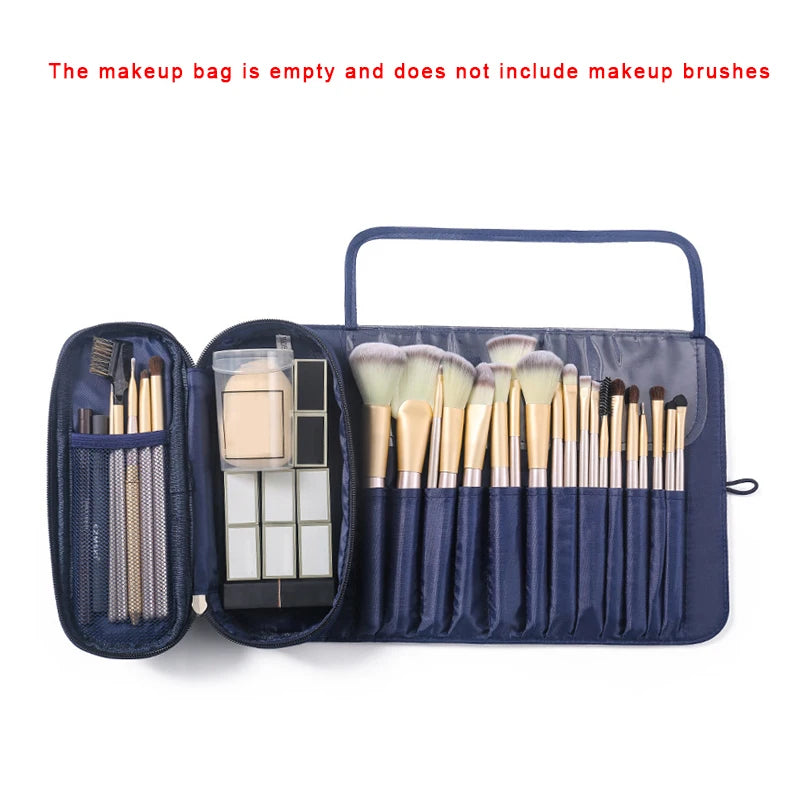 Waterproof Makeup Brush Rolling Bag - Foldable Travel Organizer for Cosmetic Tools