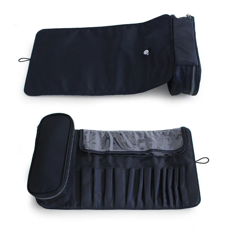 Waterproof Makeup Brush Rolling Bag - Foldable Travel Organizer for Cosmetic Tools