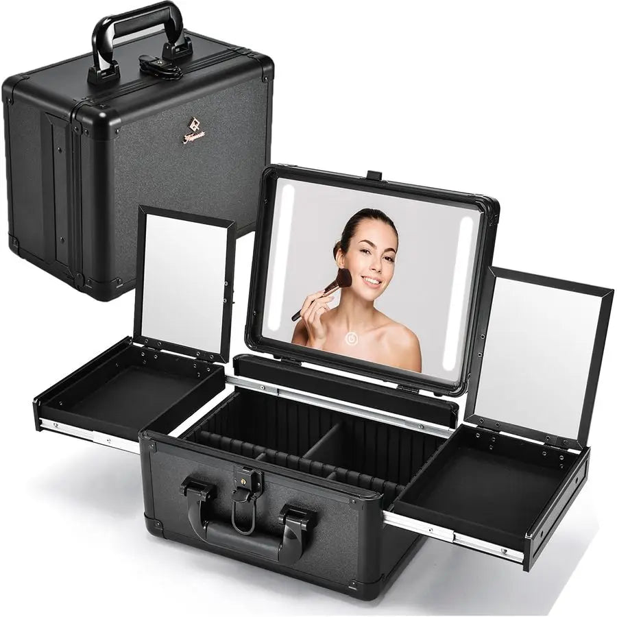 11 inch Travel Makeup Train Case with LED Mirror - 3 Color Adjustable Brightness