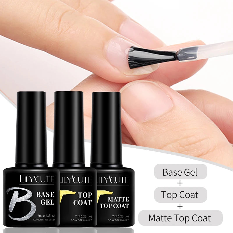 LILYCUTE 7ML Base and No-Wipe Top Coat - UV Gel Nail Polish Set