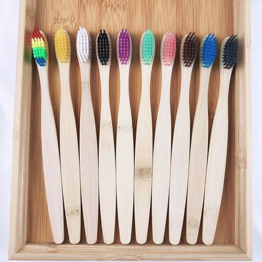 Natural Bamboo Toothbrush Set - 10 Piece Soft Charcoal Bristle for Teeth Whitening