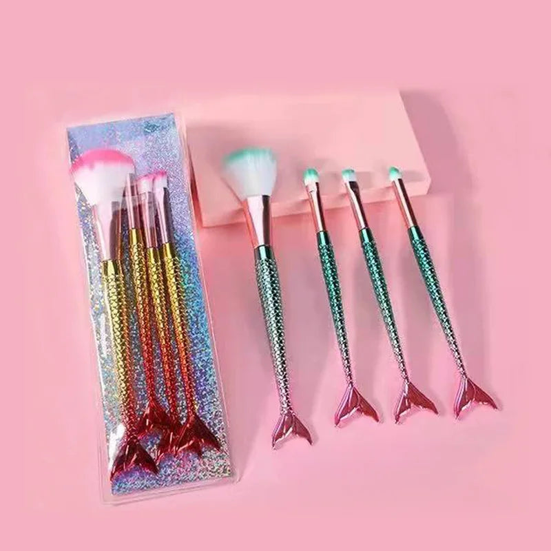 4pcs Gradient Mermaid Makeup Brushes Kit - Foundation Eyebrow Eyeliner Cosmetic Set